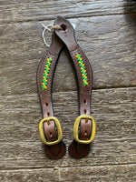 Diamond H Handmade Braided Spur Straps Green and Gold.