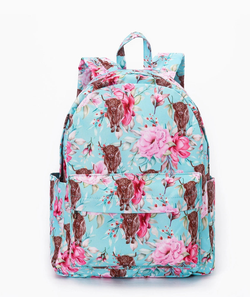 Kids Highland Cow Floral Blue Backpack Bag
