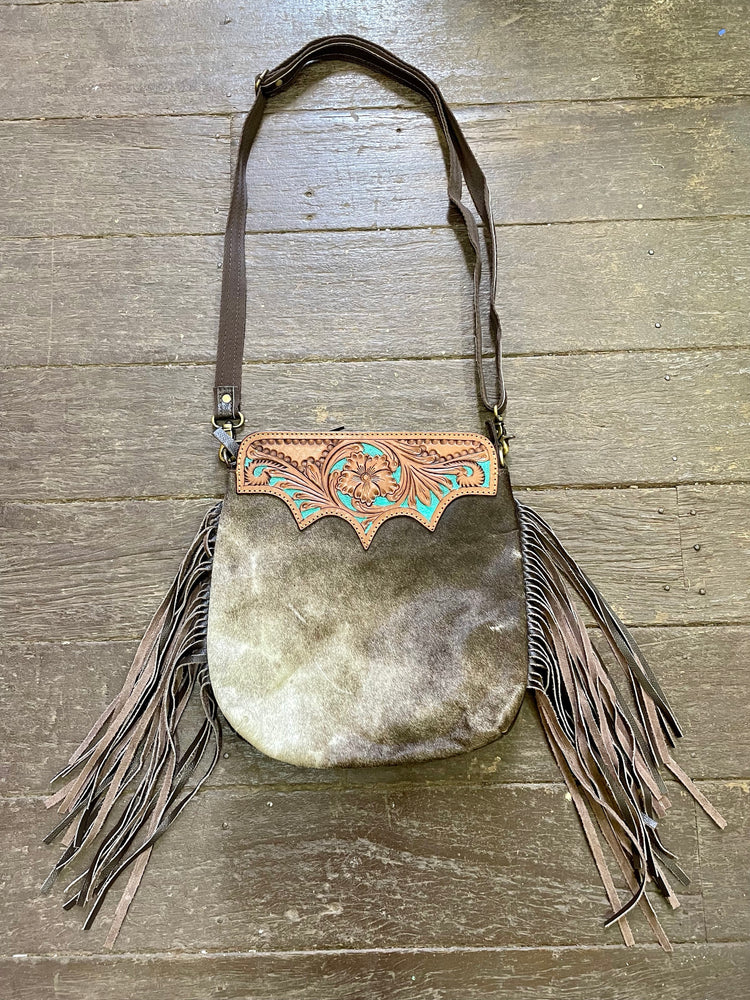 “Riata” Cowhide Turquoise Carved Leather Bag