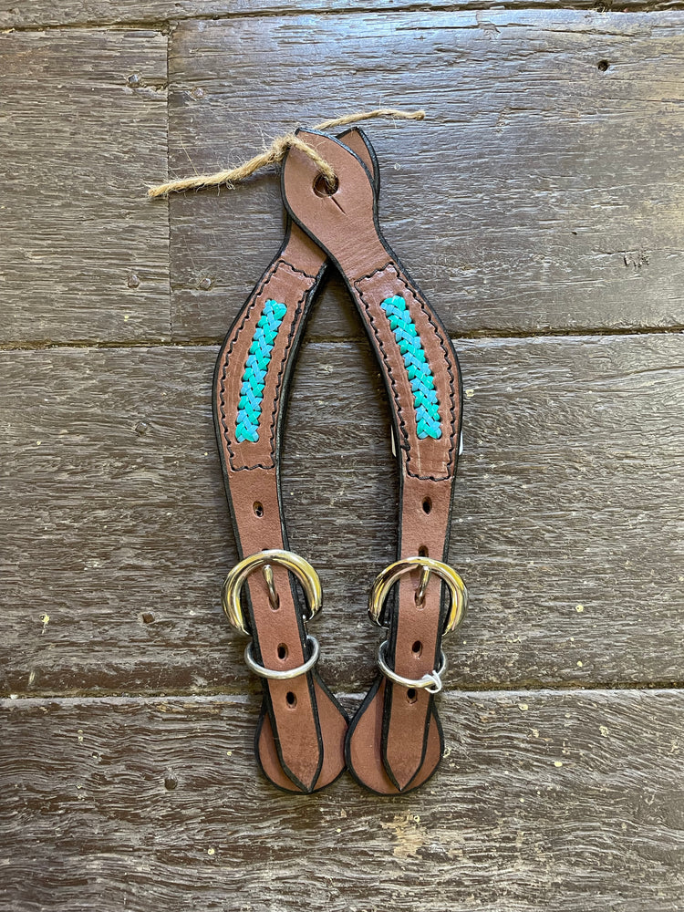 Diamond H Handmade Braided Spur Straps Turquoise and Light Blue