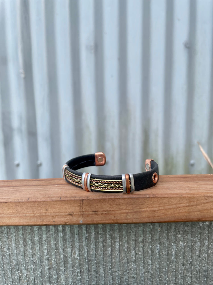 Solid Copper Pvc Leather Wrapped Magnetic Bracelet Cuff