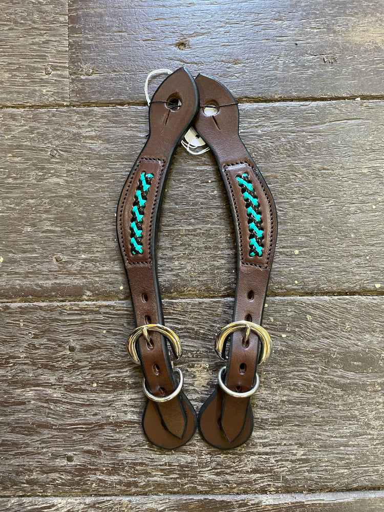 Diamond H Handmade Braided Spur Straps Black and Turquoise