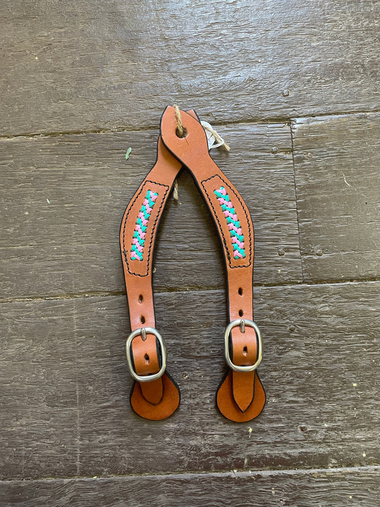 Diamond H Handmade Braided Spur Straps Pink and Turquoise