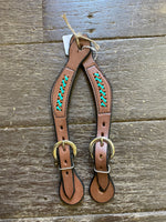 Diamond H Braided Spur Straps Brown and Turquoise.