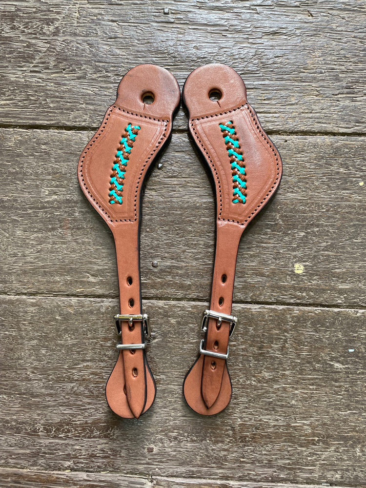Diamond H Handmade Braided Spur Straps turquoise and brown.
