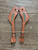 Diamond H Handmade Braided Spur Straps turquoise and brown.