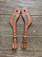 Diamond H Handmade Braided Spur Straps turquoise and brown.