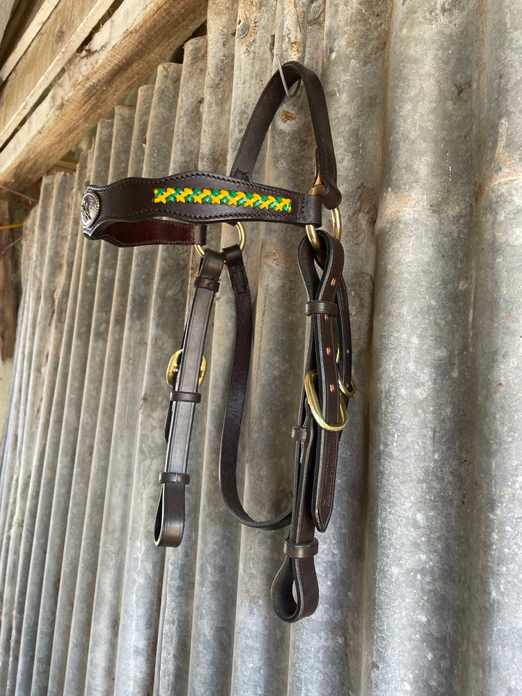Diamond H Handmade Braided Show Bridle Green and Gold