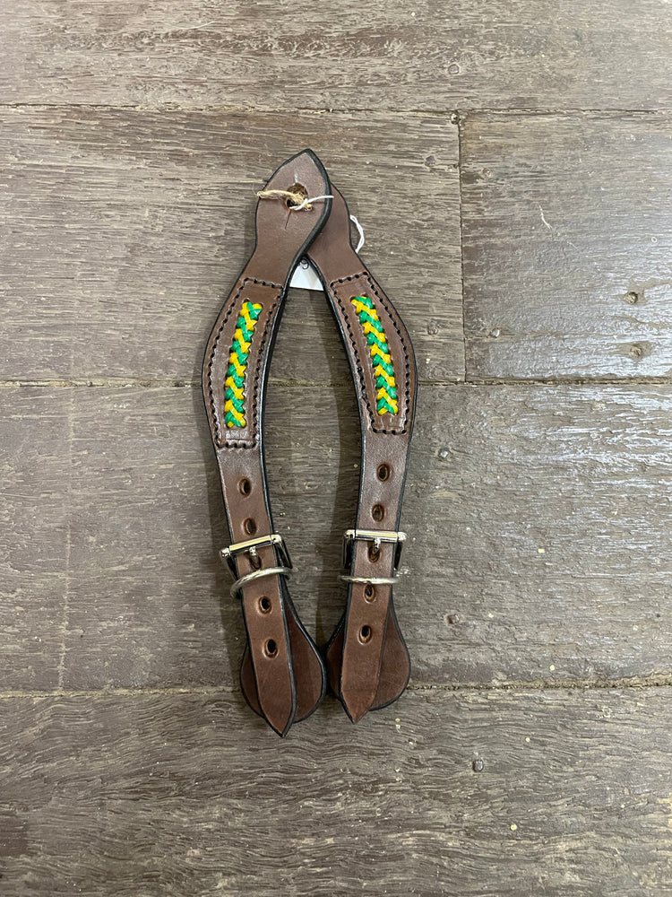 Diamond H Handmade Braided Spur Straps green and gold.